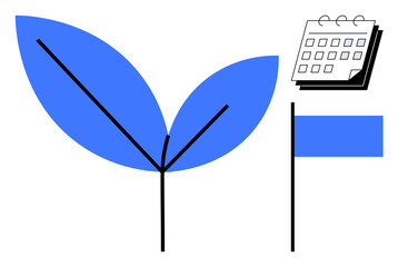Leaf sprout symbolizing growth beside a calendar for planning and a flag representing goals or milestones. Ideal for growth strategy, sustainability, project planning, goal setting, eco initiatives