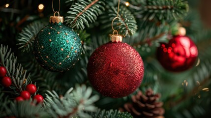 Sparkling Christmas Ornaments on Evergreen Tree with Pine Cones