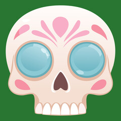 Simple, stylized white skull with large, luminous blue eyes, presenting a clean and modern twist on the classic anatomical symbol	