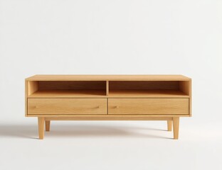 Light-colored wooden TV stand with two drawers and open compartments