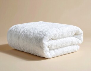 A single fluffy white towel spread out smoothly on a plain beige background. Focus on fabric softness, thickness, and fine weave details. Clean minimal look, 1:1 ratio.