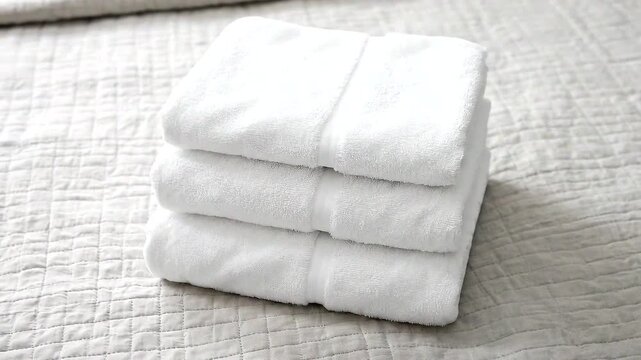 Freshly stacked white towels on a soft quilted surface create a serene and inviting atmosphere for relaxation.