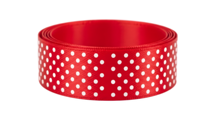 Red ribbon roll with white polka dots for crafting and decoration.