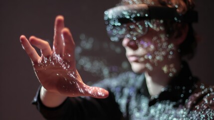 Medium shot capturing a user interacting with a 3D sculpture in a virtual space hand movements detailed and the immersive environment subtly out of focus.