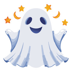Delighted specter or ghost character with outstretched arms, surrounded by twinkling stars and a crescent moon in the night sky	