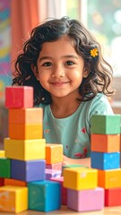 Child building blocks, happy smile