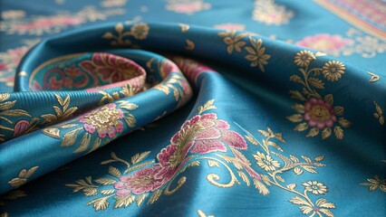 Macro shot of turquoise silk with golden floral motif