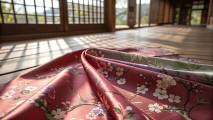 Deep Red Silk with Cherry Blossom Embroidery in Traditional Japanese Interior