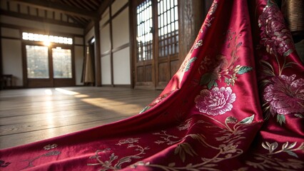 Red Silk with Floral Embroidery in Sunlit Traditional Wooden Interior