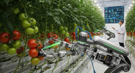 Man in lab coat observes robotic arm inspecting tomatoes in smart greenhouse