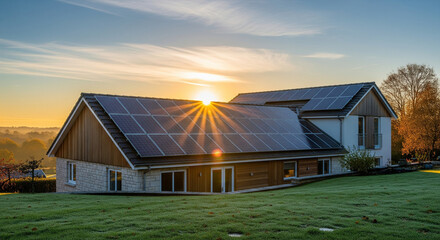 photo of a house using a solar panel roof with morning sunlight
