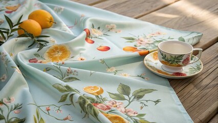 Light Blue Tablecloth with Oranges, Peaches, and Botanical Patterned Porcelain