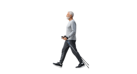 Senior man exercises with walking poles for fitness and health benefits.