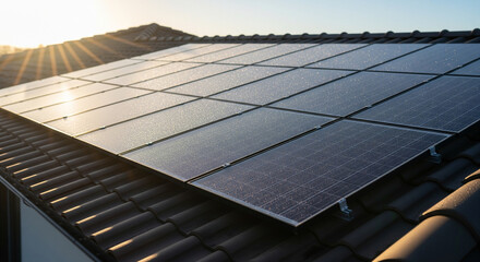 close up photo of a house using a solar panel roof with morning sunlight