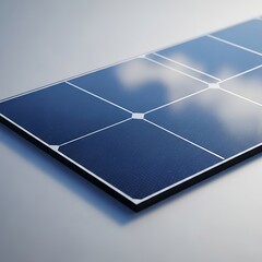 A close-up, angled view of a dark blue solar panel with white grid lines, reflecting a cloudy sky on its surface, set against a light grey background.