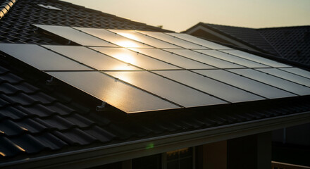 close up photo of a house using a solar panel roof with morning sunlight