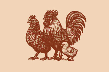 Rooster hen chick engraving style brown on beige vector illustration