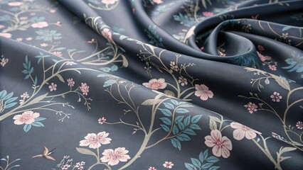 Dark Blue Silk with Pink, White, and Light Blue Blossoms, Winding Branches