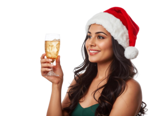 Woman in Santa hat holding cocktail isolated on transparent or white background, png
