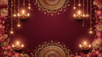 Diwali festival background with diya lamps flowers and mandala for indian hindu celebration