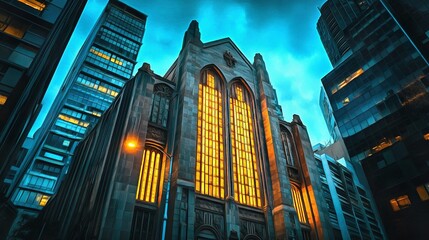 Church building in Art Deco style architecture in an urban environment cityscape