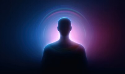 Silhouette of a Person with Glowing Aura in a Dark Room.