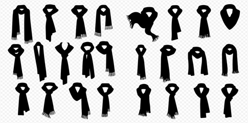 Collection of black scarf silhouettes in various styles and arrangements, showcasing different tying methods and draping effects.