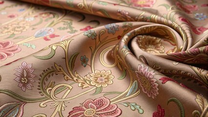 Ornate Satin Fabric with Embroidered Flowers and Golden Details