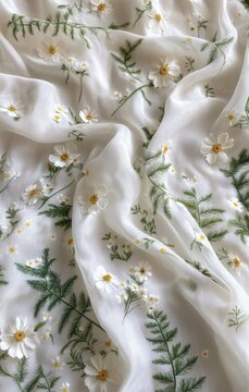 Delicate white fabric draped with embroidered wildflowers and ferns