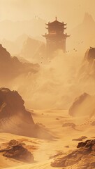 A hazy, desert landscape with a tiered pagoda in the distance, nestled amongst rocky outcrops and a light mist or sandstorm