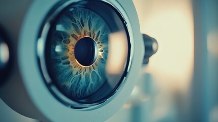 reta focusing on an eye scanner in a vintage medical style