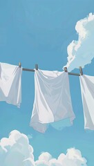 White sheets hang on a clothesline against a bright blue sky with fluffy white clouds.  A peaceful, summery scene