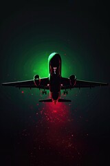 A low-angle, dark shot of a passenger jet taking off at night, with red sparks trailing below.  Green light illuminates the aircraft