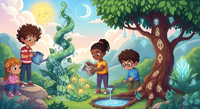 Kids watering magic plants.