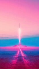 A vibrant, stylized illustration depicts a rocket launching into a pastel sky at dawn/dusk, leaving a glowing trail.  The scene is surreal and dreamlike, with a focus on color and atmosphere
