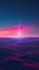 A stylized digital painting of a rocket launching at sunset over a purple and pink landscape. The scene is vibrant and dreamlike, suggesting a futuristic or fantastical setting