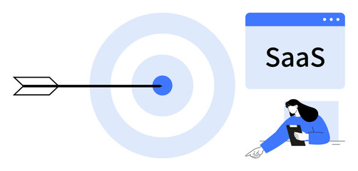 Arrow hitting bullseye emphasizes precision, SaaS window suggests software solutions, figure writing conveys planning. Ideal for technology, goals, SaaS, business strategy, innovation, teamwork