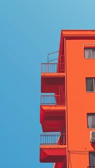 A vibrant orange building against a clear blue sky, showcasing three distinct balconies with metal railings, creating a striking minimalist composition