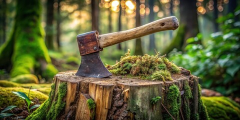 Weathered axe head half-buried in ancient tree stump