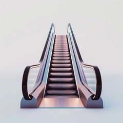 A digitally rendered escalator ascends against a stark white backdrop, showcasing its metallic structure and subtle lighting