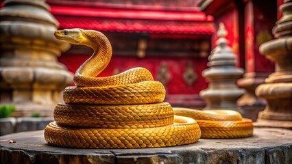 Fototapeta premium Slender golden snake coiled around a red stone pedestal in ancient temple ruins