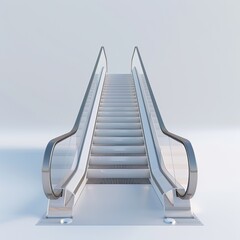 A pristine, modern escalator ascends against a stark white backdrop, its glass panels and metallic handrails gleaming.  The image is minimalist and clean