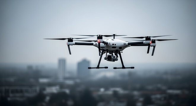 Drone flying over city aerial photography technology innovation modern gadget flight urban landscape remote control aircraft quadcopter air surveillance - Powered by Adobe