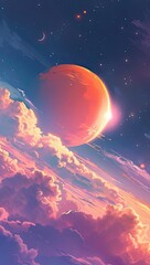 A vibrant, stylized depiction of an alien planet rising above a layer of pastel clouds, set against a cosmic backdrop of stars and a crescent moon