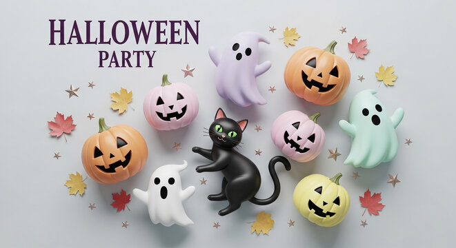 Halloween party scene: pastel pumpkins, ghosts, black cat, autumn leaves, stars on light gray background Free space for text