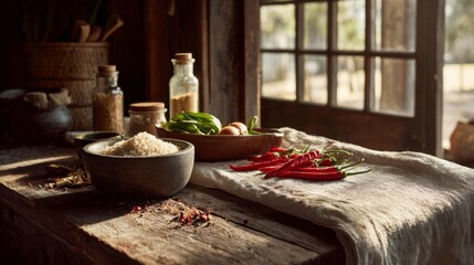 Rustic Kitchen Counter with Fresh Ingredients and Natural Light