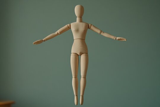 Light beige wooden mannequin, arms outstretched,  floating against sage green backdrop