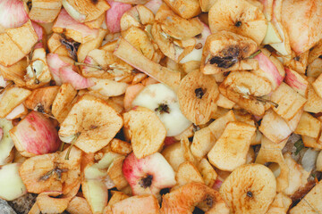 Flat lay view of apple peels compost