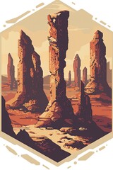 A pixel art landscape depicting a desert scene with tall, slender, eroded rock formations under a pale orange sky.  The scene is framed by a hexagon