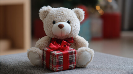 Fototapeta premium Teddy bear sitting on a sofa beside a small gift box wrapped in red and black plaid on a cozy indoor setting, decorated with holiday cheer and soft lighting.